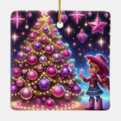 Kleines Cowgirl Stehend vor drei Weihnachten Keramikornament (Rückseite)