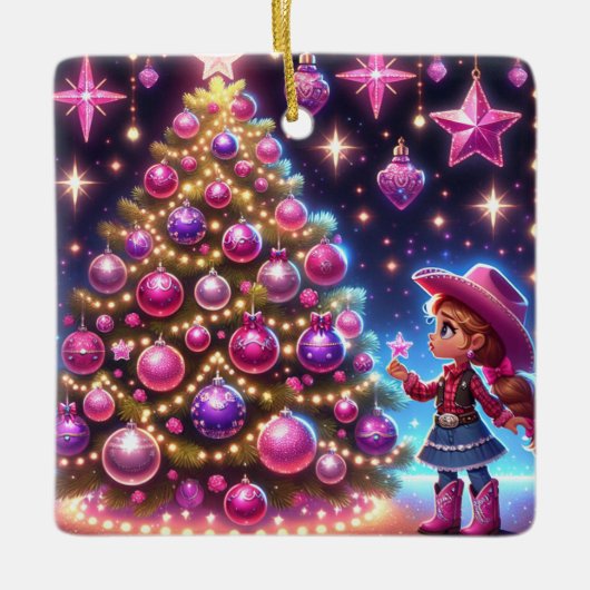 Kleines Cowgirl Stehend vor drei Weihnachten Keramikornament (Vorderseite)