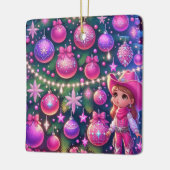 Kleines Cowgirl Stehend vor drei Weihnachten Keramikornament (Links)