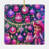 Kleines Cowgirl Stehend vor drei Weihnachten Keramikornament (Rückseite)