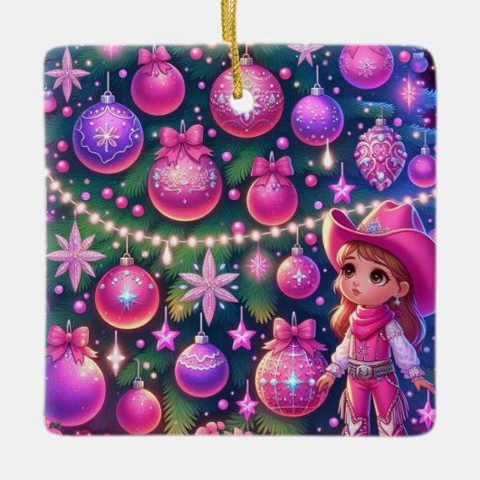 Kleines Cowgirl Stehend vor drei Weihnachten Keramikornament (Vorderseite)