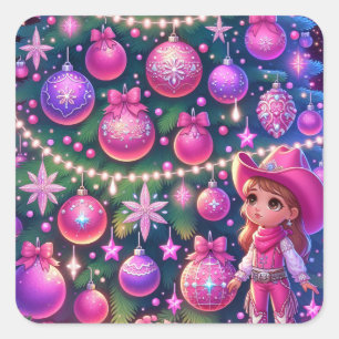 Kleines Cowgirl Stehend vor drei Weihnachten Quadratischer Aufkleber