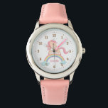 Kleines Einhorn mit Stern auf Rainbow Pink Watch Armbanduhr<br><div class="desc">Eine personalisierte Armbanduhr für kleine Mädchen,  die Liebe einhorchen! Es verfügt über ein niedliches und hübsches kleines Einhorn mit üppig rosafarbenem,  lockigen Mann,  der auf einer Regenbogenbrücke über zwei Wolken läuft.</div>