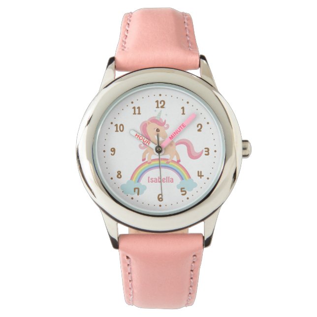 Kleines Einhorn mit Stern auf Rainbow Pink Watch Armbanduhr (Vorderseite)