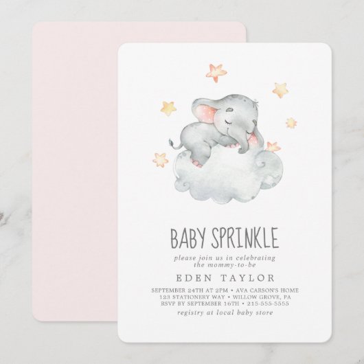 Kleines Elefantenmädchen schlafen Baby Sprinkle Einladung (Vorne/Hinten)
