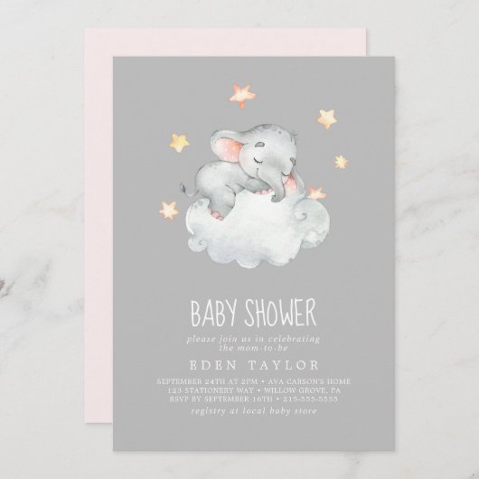Kleines Elefantenmädchen schlafen | Graue Babydusc Einladung (Vorne/Hinten)