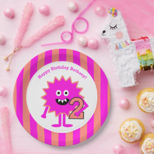 Kleines Girl Monster 2. Geburtstag Pink Streifen N Pappteller