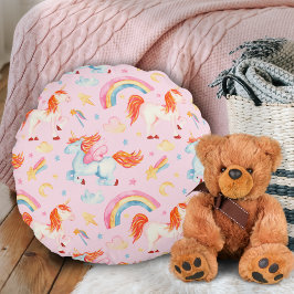 Kleines Girl Pink Einhorn Muster mit Vorname Rundes Kissen