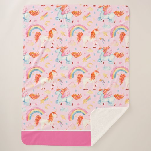 Kleines Girl Pink Einhorn Muster mit Vorname Sherpadecke (Vorderseite)