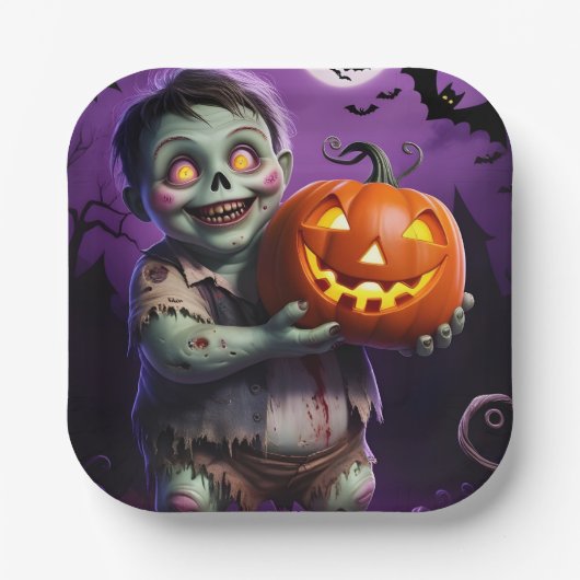 Kleines grünes Monster & Pumpkin Friend Pappteller (Vorderseite)