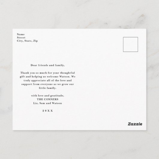 Kleines handgeschriebenes Baby-Foto Vielen Dank Postkarte (Rückseite)