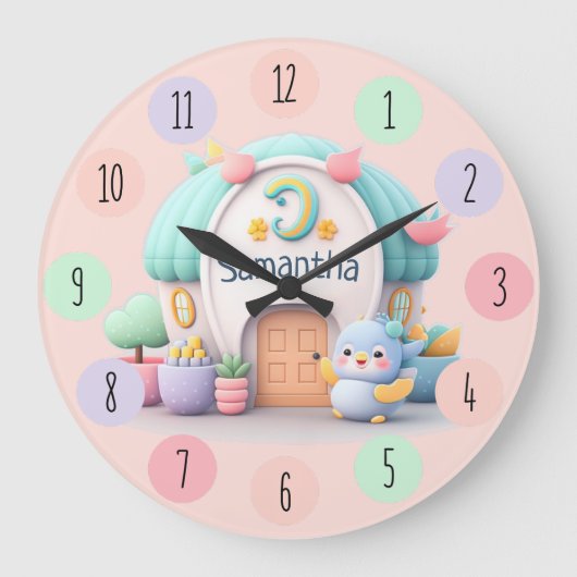 Kleines Haus mit Drache und NAME Mädchen Große Wanduhr (Vorderseite)