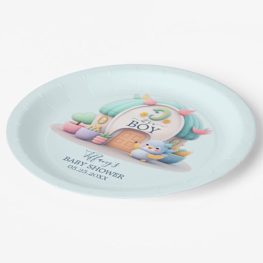 Kleines Haus mit Dragon Boy Baby Dusche Pappteller (Schrägansicht)