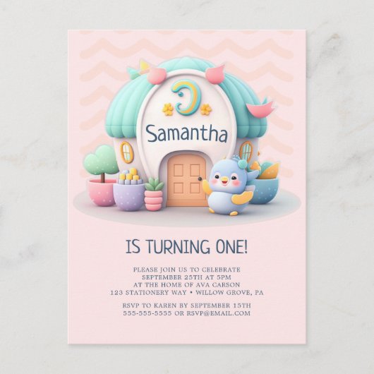 Kleines Haus mit Dragon Girl Baby Birthday Einladungspostkarte (Vorderseite)