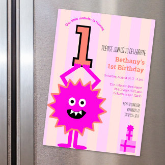 Kleines, heiß rosa Monster Girl 1. Geburtstag Nied Magneteinladung