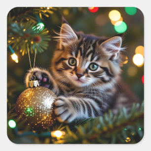 Kleines Kätzchen am Weihnachtsbaum Quadratischer Aufkleber