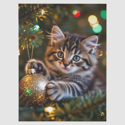 Kleines Kätzchen am Weihnachtsbaum Seidenpapier (Vorderseite)