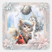Kleines Kätzchen mit Vogel Quadratischer Aufkleber (Vorderseite)
