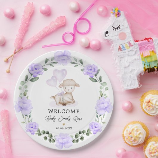 Kleines Lamm Lila Blumengrün Begrüßungskind Pappteller (Party)