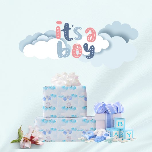 Kleines Lamm steigt hoch in jungen blauen Balloons Geschenkpapier