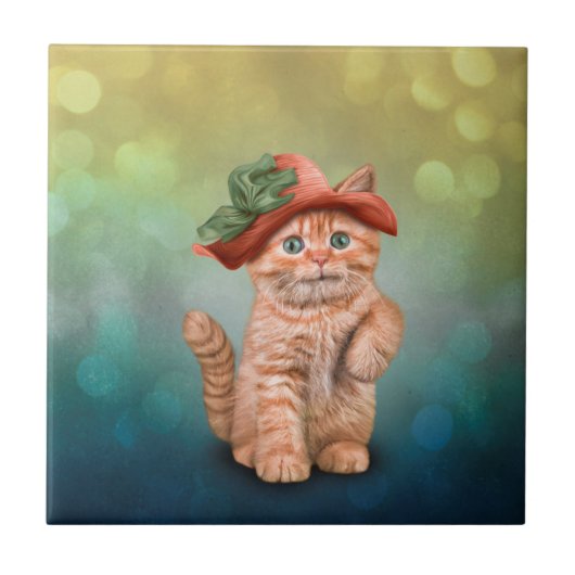 Kleines lustiges gestreiftes Kätzchen in einem Fliese (Vorderseite)