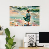 Kleines Mädchen am Strand, Wasserfarben Ozeanwelle Poster (Heimbüro)
