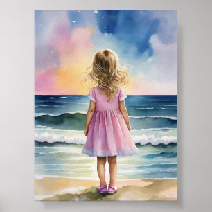 Kleines Mädchen am Strand Wasserfarbenwelt Kunst Poster