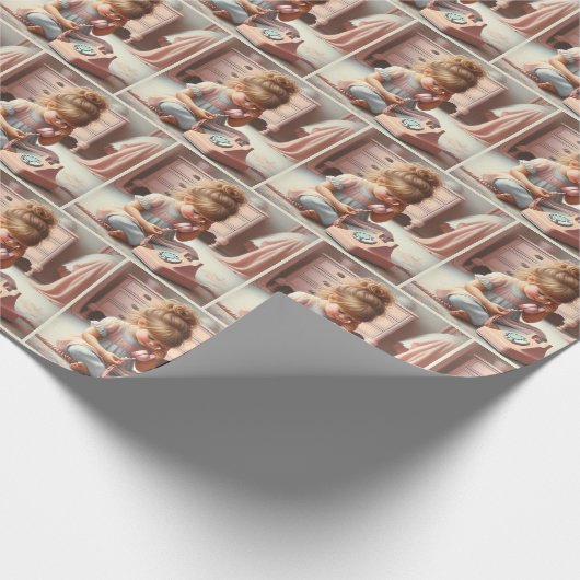 Kleines Mädchen auf einem Retro-Telefon Geschenkpapier (Ecke)