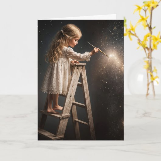 Kleines Mädchen auf einer Ladder Maler Stars Karte (Gelbe Blume)