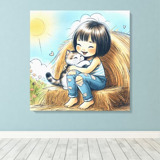 Kleines Mädchen auf Hay Bale Leinwanddruck (Insitu (Holzboden))