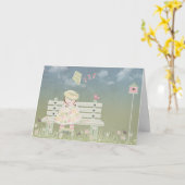 Kleines Mädchen auf Parkbank Karte (Gelbe Blume)