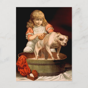 Kleines Mädchen badet ihren Hund Postkarte