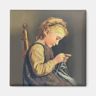 Kleines Mädchen beim Stricken Magnet