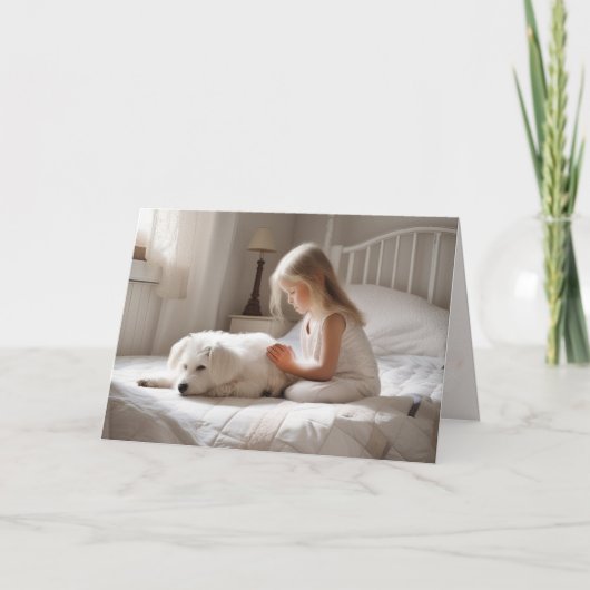 Kleines Mädchen betet mit Hund Karte (Vorderseite)