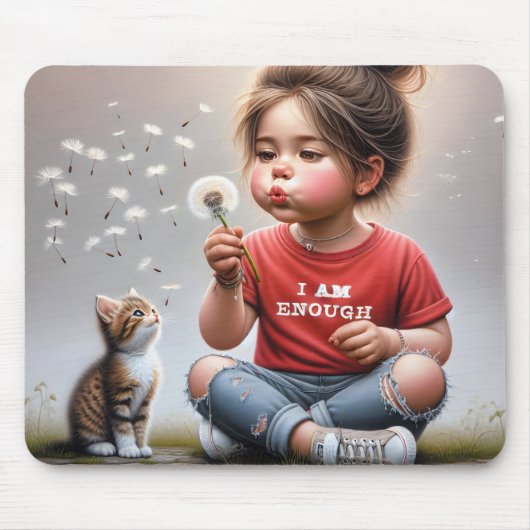 Kleines Mädchen blühende Lüster mit Kätzchen Mousepad (Vorne)