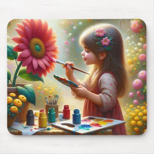 Kleines Mädchen Blume malen Mousepad (Vorne)