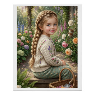 Kleines Mädchen Blumenkorb Wald Frühling Natur Fle Poster