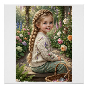 Kleines Mädchen Blumenkorb Wald Frühling Natur Fle Poster
