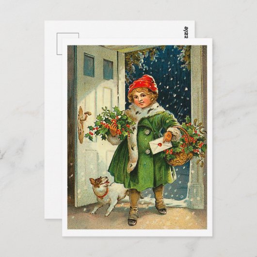 Kleines Mädchen, das am Weihnachtsabend mit ihrem  Postkarte (Vorne/Hinten)