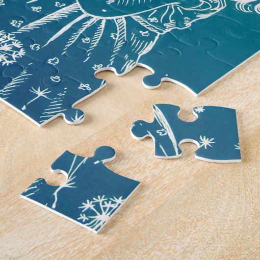 Kleines Mädchen, das auf einem Löwenzahn Puzzle (Seite)