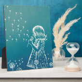 Kleines Mädchen, das auf einen Löwenzahn bläst Fotoplatte (Seite)