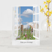 Kleines Mädchen, das einen Drachen in der Fenstera Karte (Gelbe Blume)