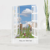 Kleines Mädchen, das einen Drachen in der Fenstera Karte (Vorderseite)