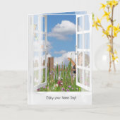 Kleines Mädchen, das einen Drachen in der Fenstera Karte (Gelbe Blume)