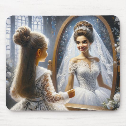 Kleines Mädchen, das einen Spiegel an einer Braut  Mousepad (Vorne)