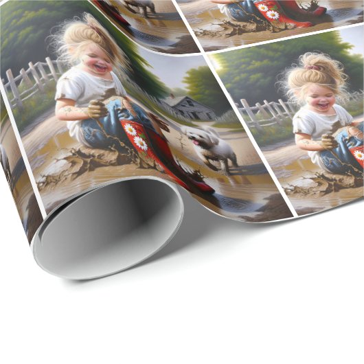 Kleines Mädchen, das in einer Müllhalde sitzt Geschenkpapier (Rolleneckpunkt)