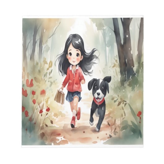 Kleines Mädchen, das mit ihrem Hund im Wald heruml Notizblock (Vorderseite)