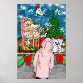 Kleines Mädchen durch ein Weihnachtsfenster schaue Poster