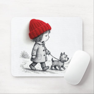 Kleines Mädchen führt ihren Hund spazieren Mousepad