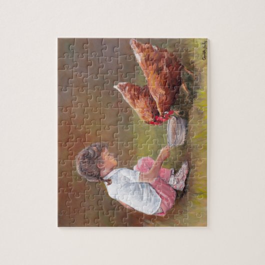 Kleines Mädchen Fütternd Hühner Original Art Puzzl Puzzle (Vertikal)
